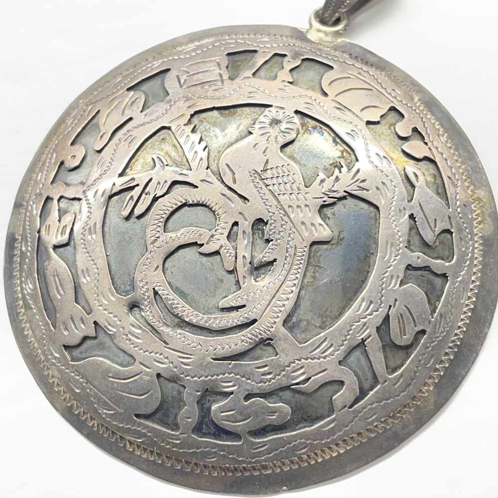 Vintage 900 Silver unopen work‎ Bird Large Round Pendant/necklace Charm